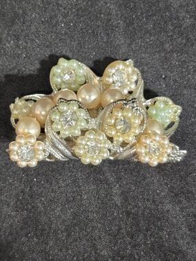 Silver Tone Faux Pearl and Rhinestone Brooch